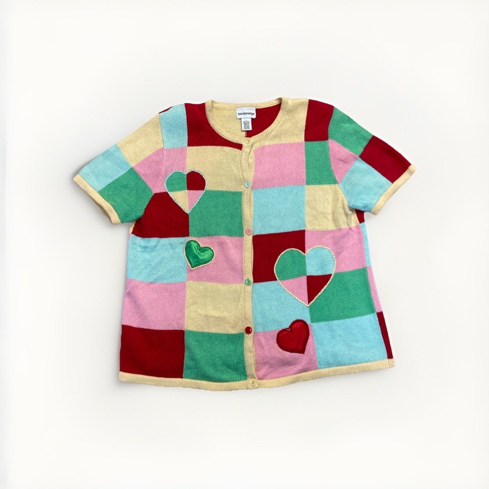 Breckenridge Heart Cardigan Sweater Women's L Vintage Colorblock Y2k